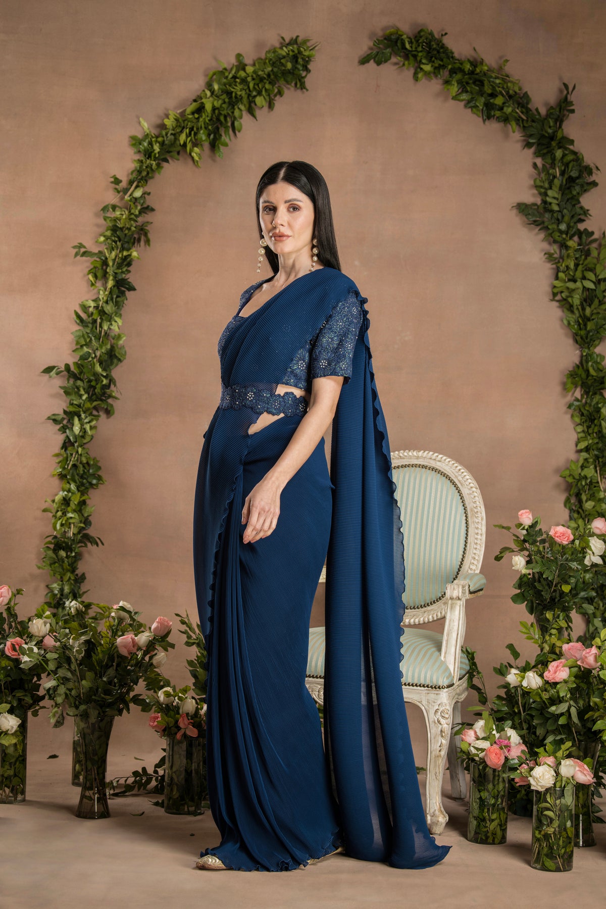 PRE-DRAPED MID NIGHT NAVY BLUE SAREE