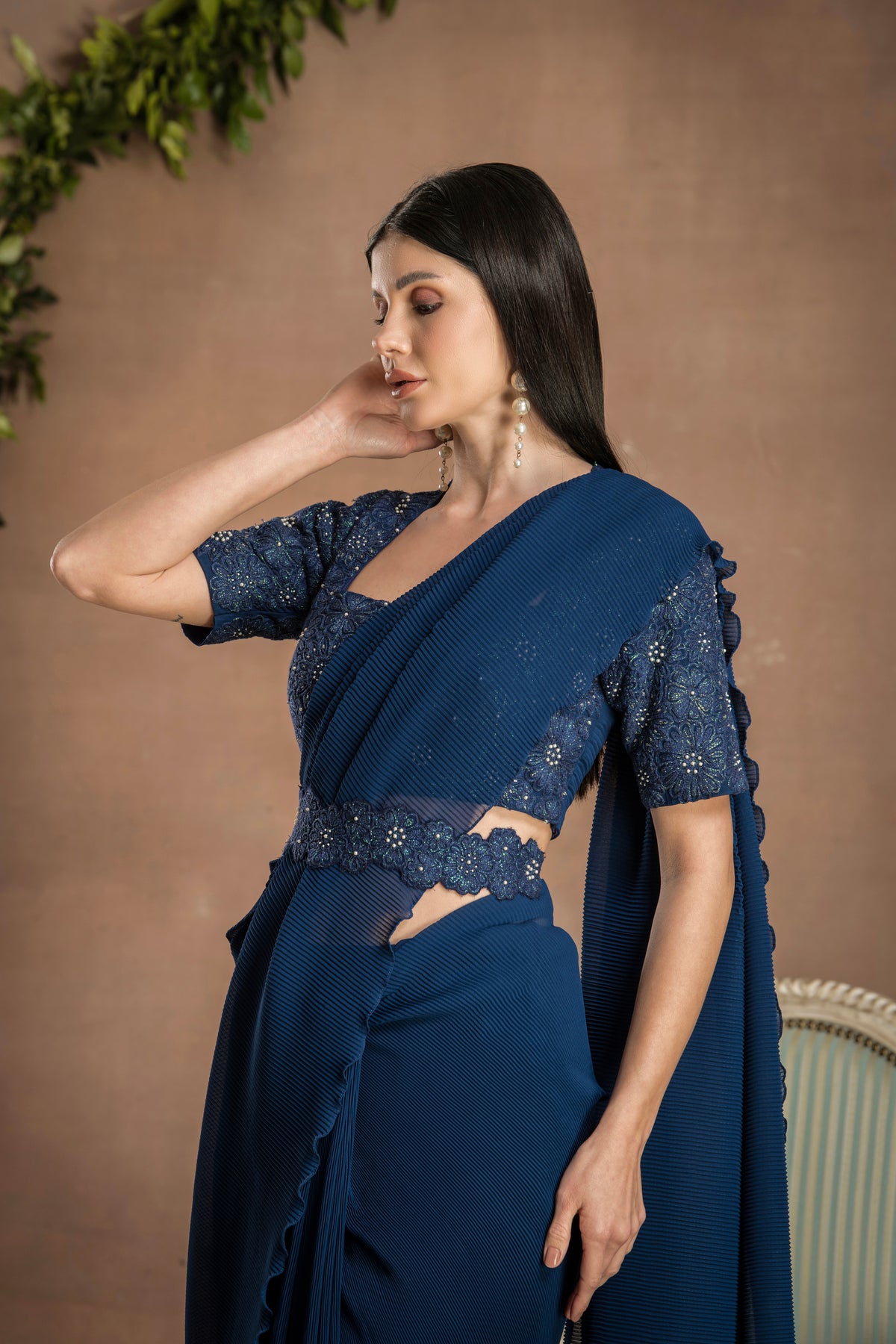 PRE-DRAPED MID NIGHT NAVY BLUE SAREE