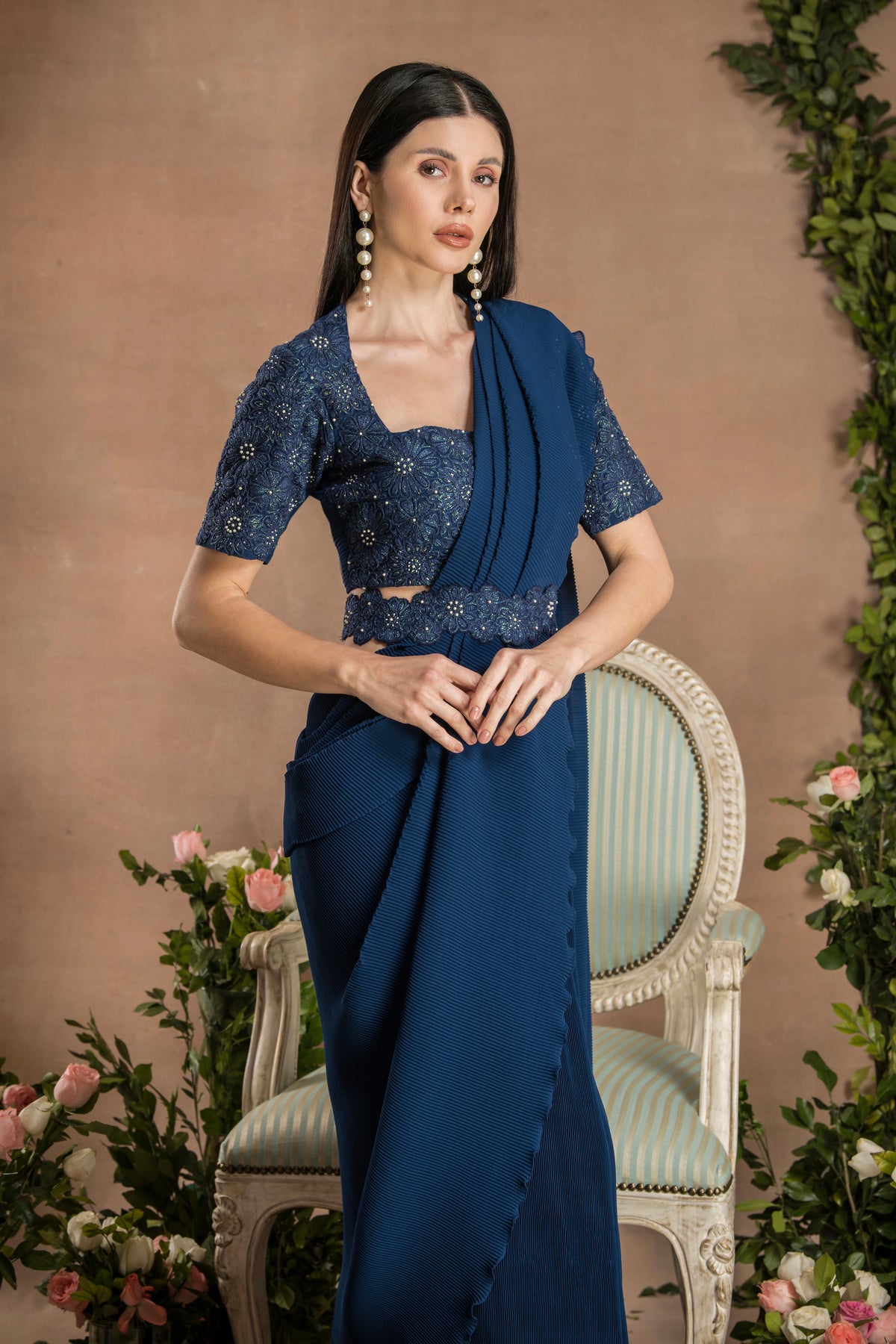 PRE-DRAPED MID NIGHT NAVY BLUE SAREE