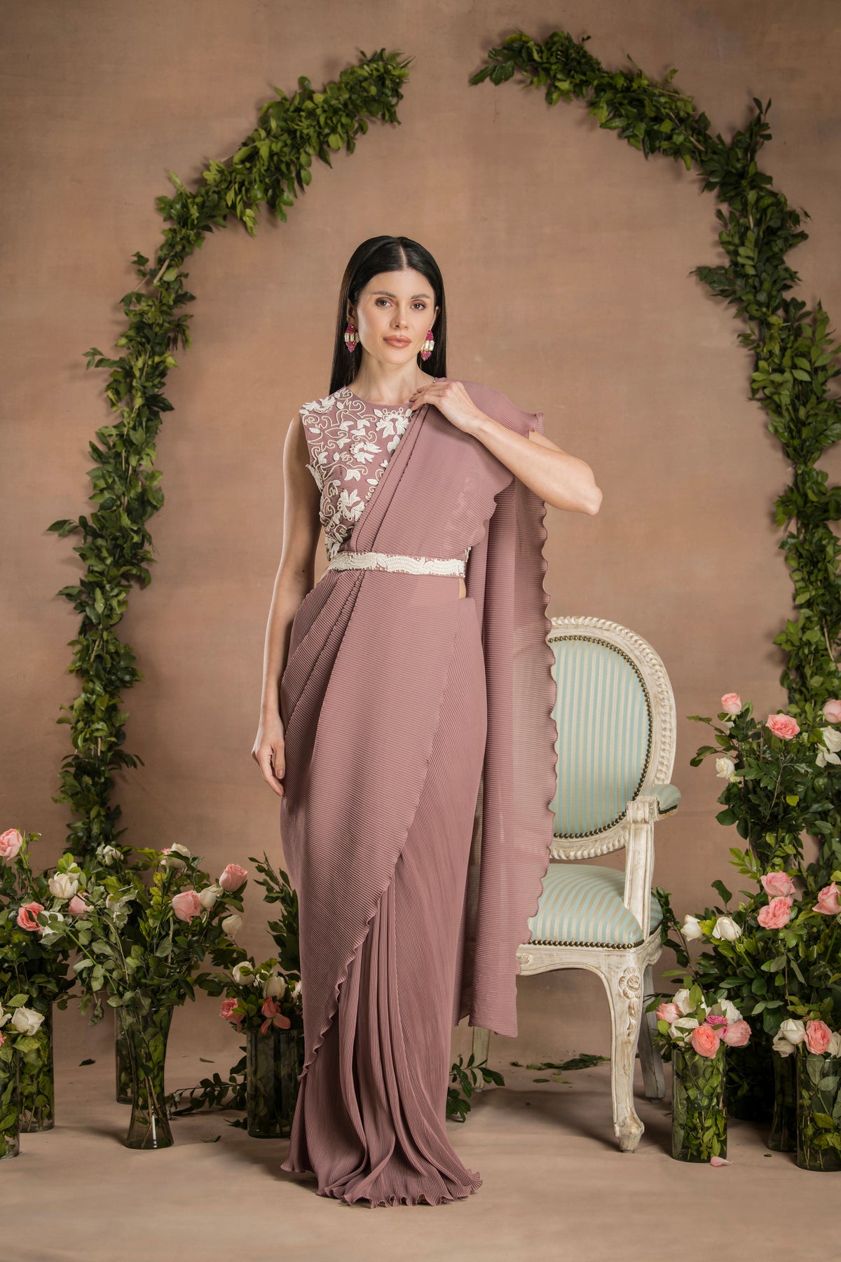 PRE-DRAPED DARK MAUVE COLOUR SAREE