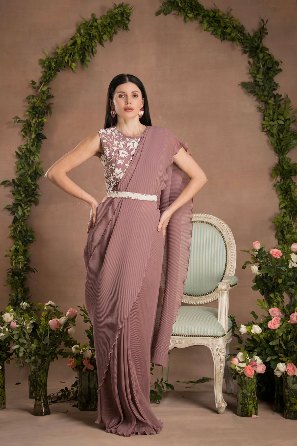 PRE-DRAPED DARK MAUVE COLOUR SAREE