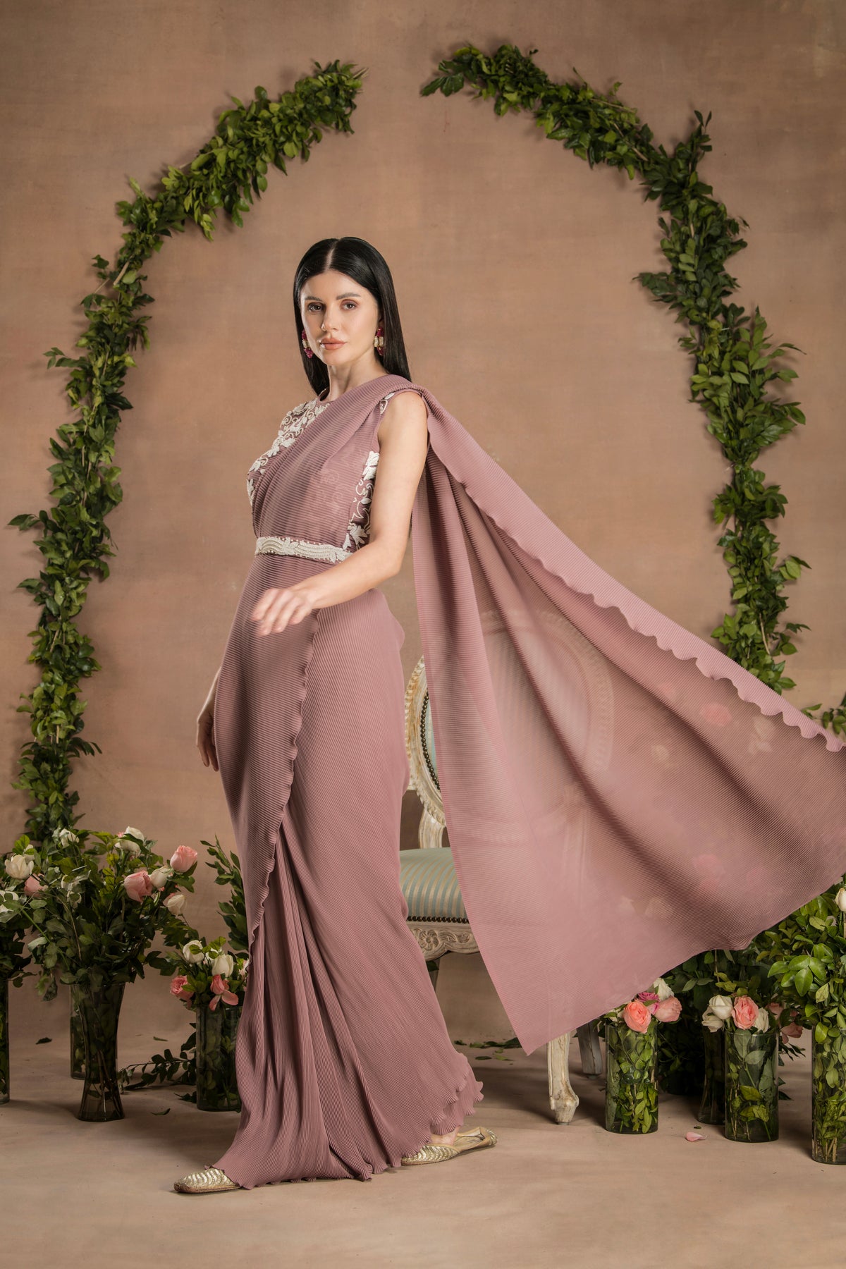 PRE-DRAPED DARK MAUVE COLOUR SAREE