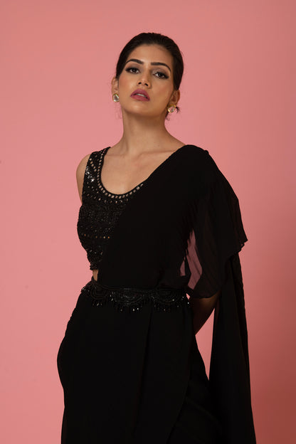 PRE-DRAPED MIDNIGHT BLACK SAREE