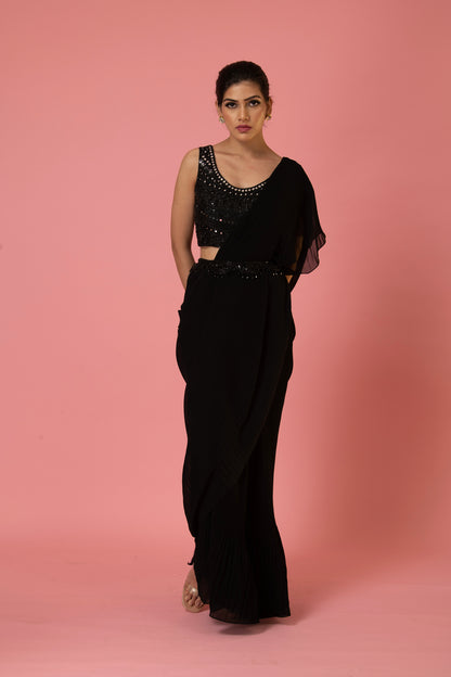 PRE-DRAPED MIDNIGHT BLACK SAREE