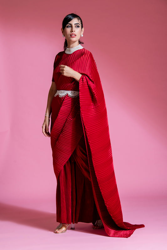 ROSE RED SAREE EMBRODED NECK BLOUSE WITH BELT