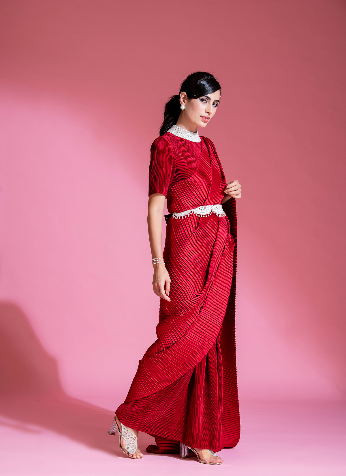 ROSE RED SAREE EMBRODED NECK BLOUSE WITH BELT