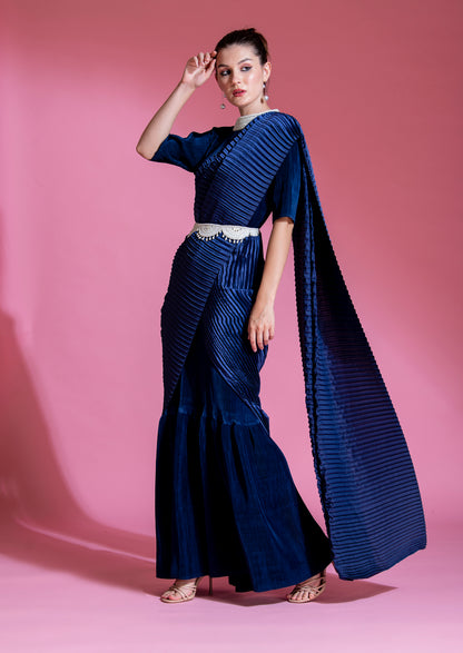 BLUE SAREE EMBRODED NECK BLOUSE WITH BELT