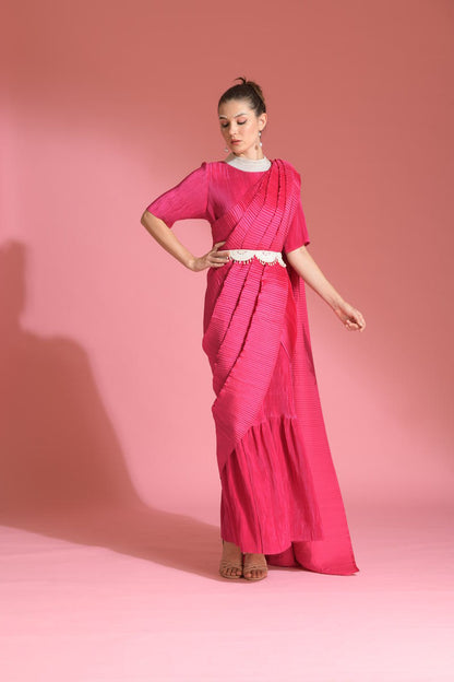 HOT PINK SAREE EMBRODED NECK BLOUSE WITH BELT