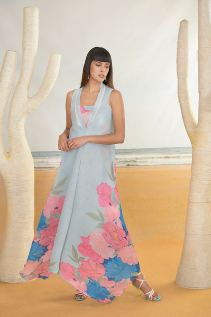 AQUA BLUE DIGITAL PRINT DRAPE KURTA SET