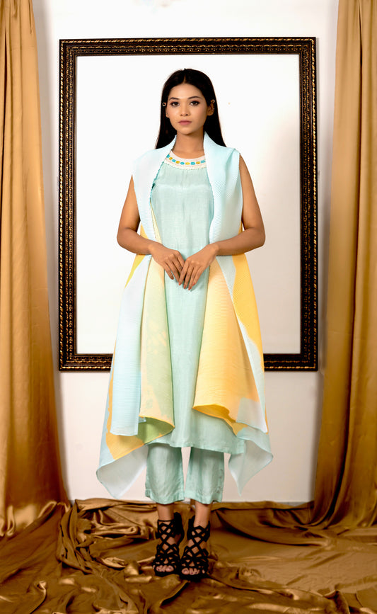 Powder blue Kurta Set with Pleated Cape