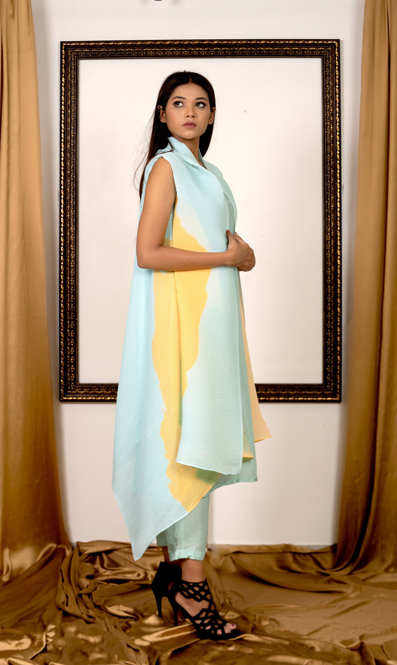 Powder blue Kurta Set with Pleated Cape