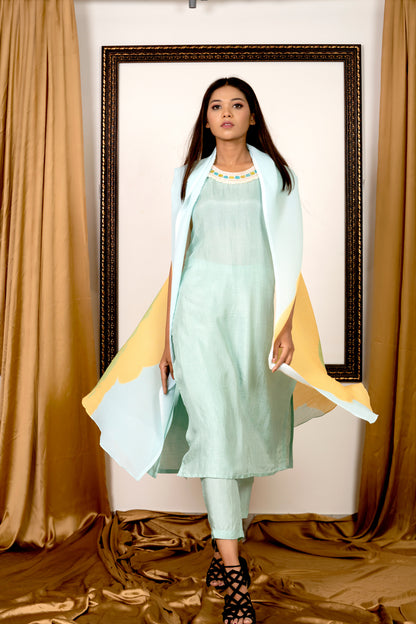 Powder blue Kurta Set with Pleated Cape