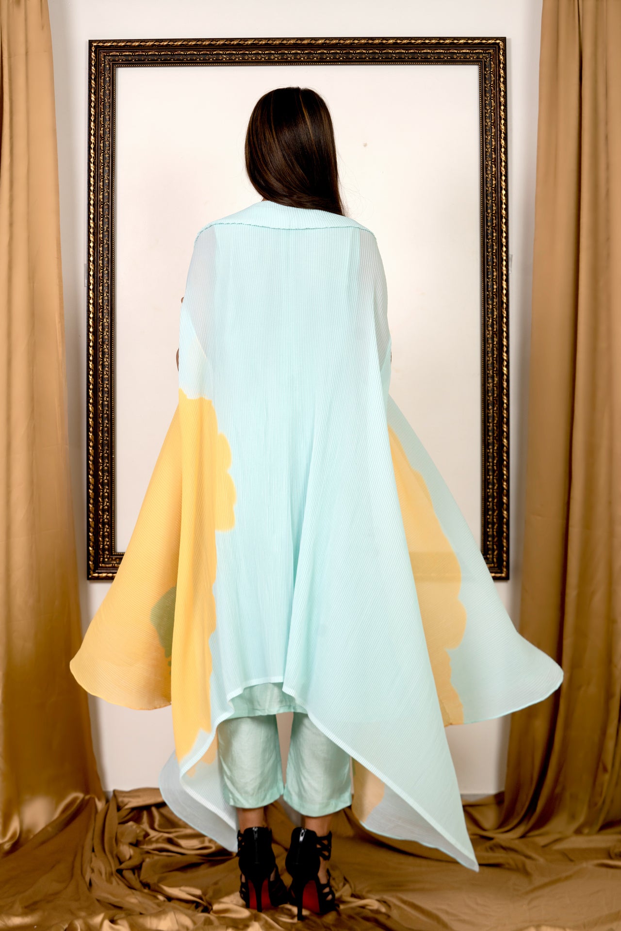 Powder blue Kurta Set with Pleated Cape