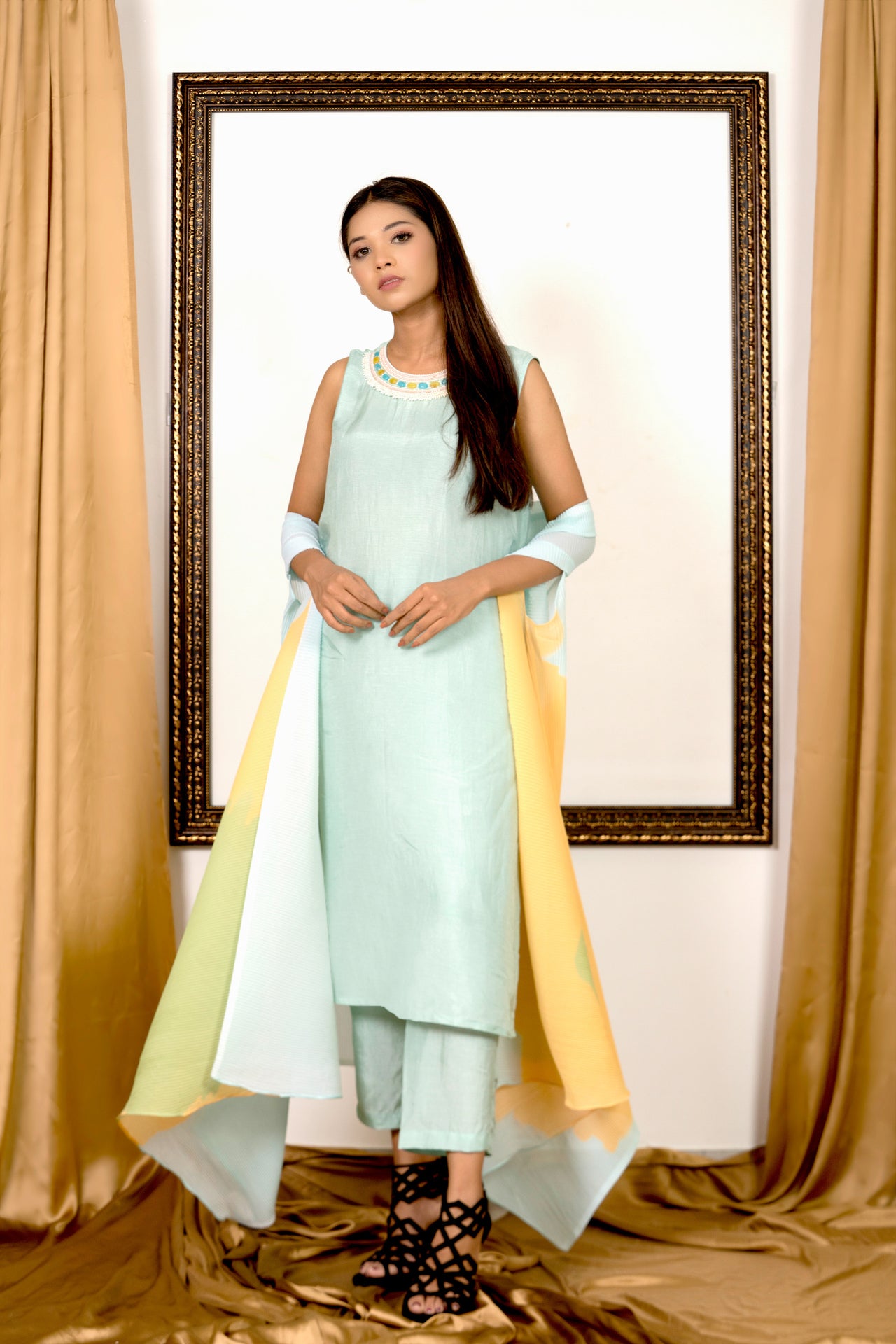 Powder blue Kurta Set with Pleated Cape