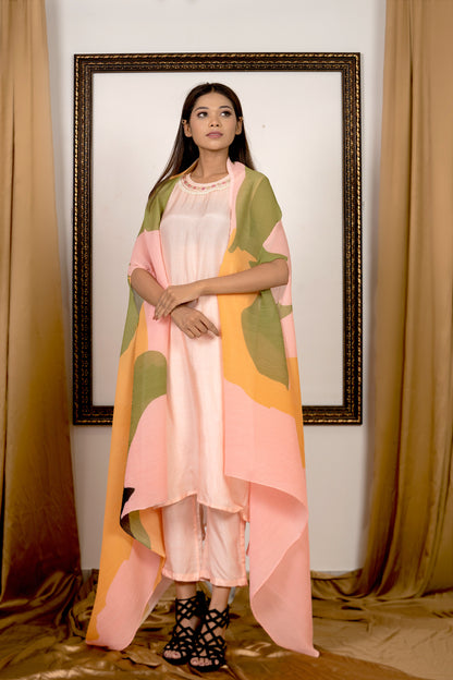 BLUSH PINK KURTA SET WITH PLEATED CAPE