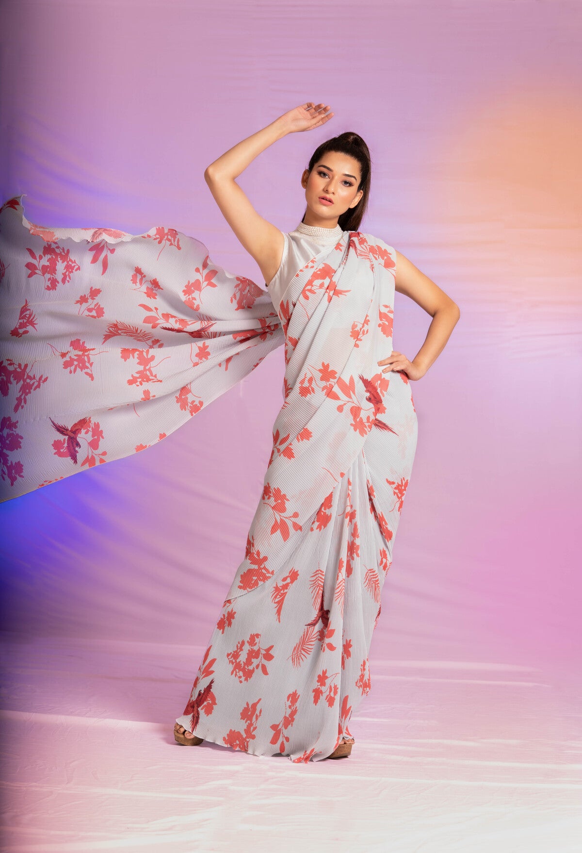 Pre-draped Bird Digital Print saree