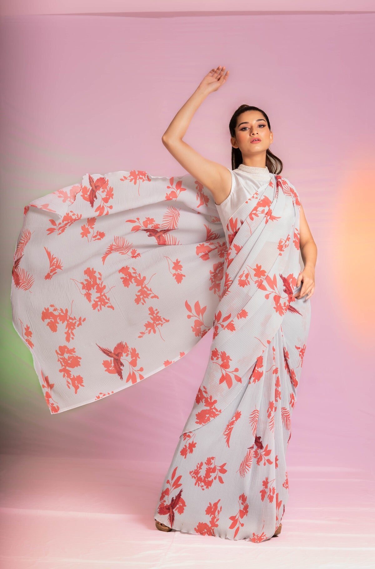 Pre-draped Bird Digital Print saree