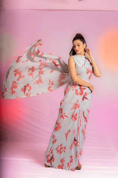 Pre-draped Bird Digital Print saree