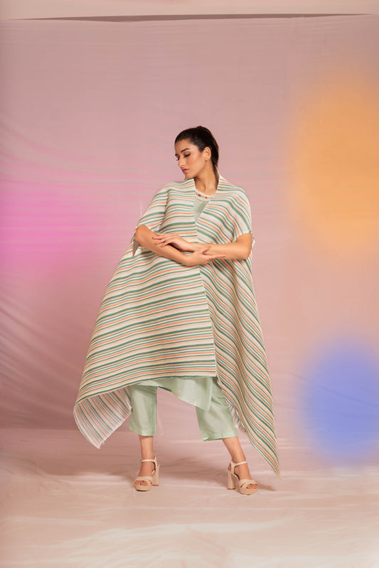 Sea Foam Green kurta set with stripe pleated cape