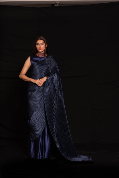 Pre-draped indigo blue pleated saree