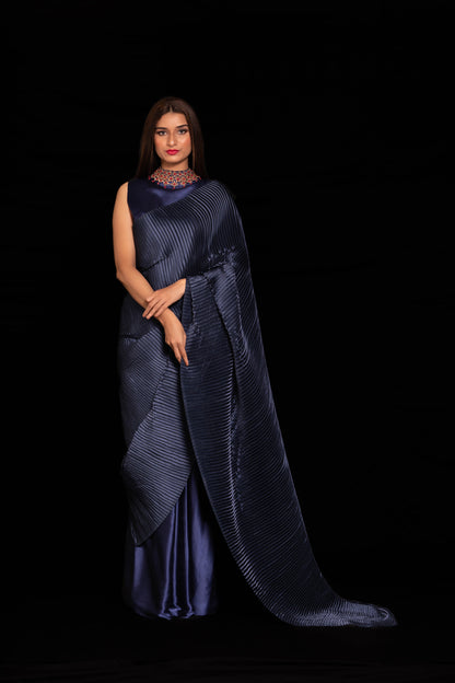 Pre-draped indigo blue pleated saree