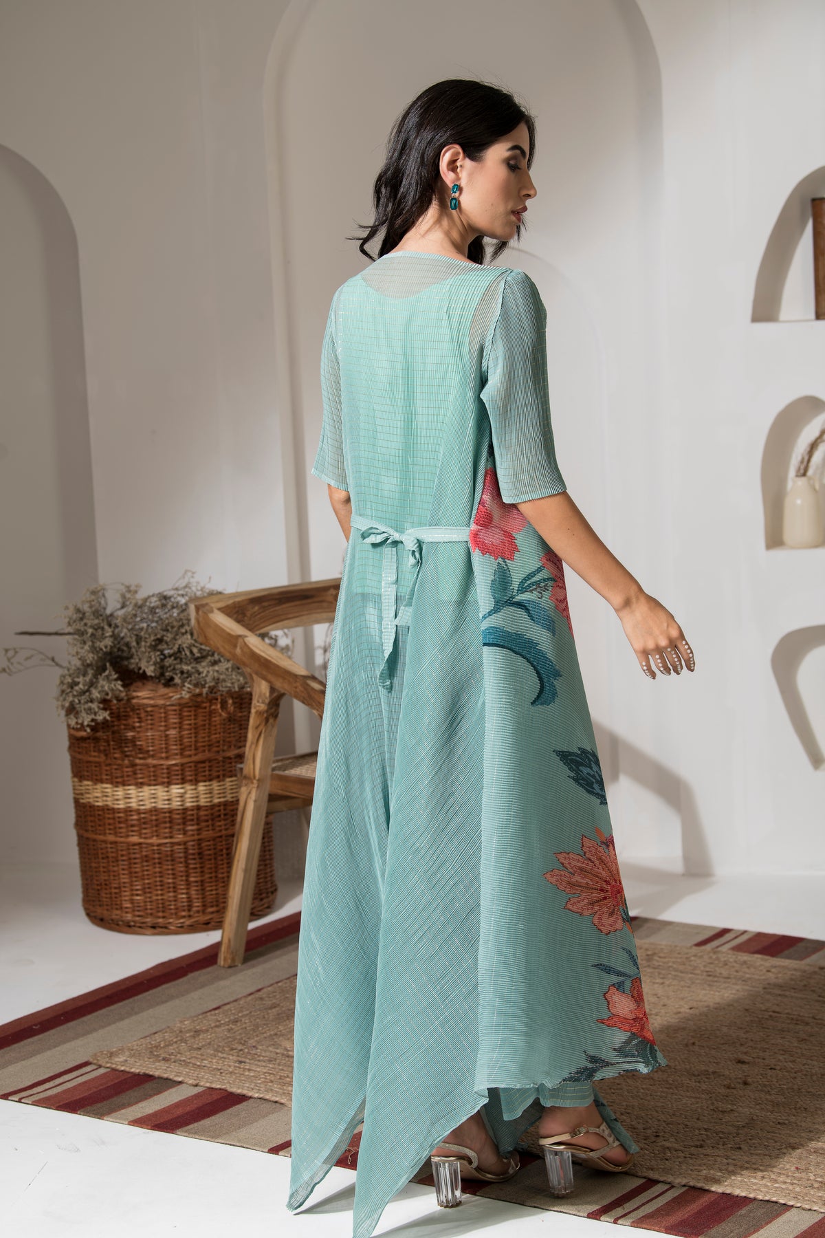 DUSTY JADE GREEN FLOWER PRINT PLEATED CO-ORD SET