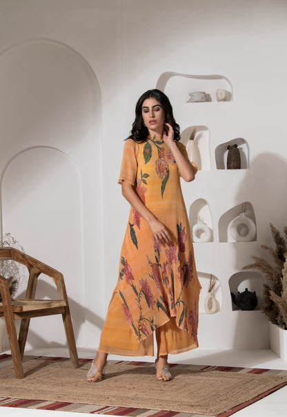 GOLDEN YELLOW FLOWER PRINT PLEATED KURTA SET