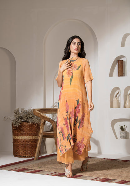 GOLDEN YELLOW FLOWER PRINT PLEATED KURTA SET