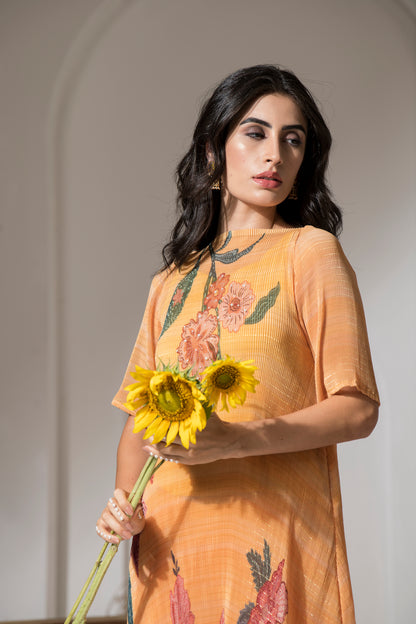 GOLDEN YELLOW FLOWER PRINT PLEATED KURTA SET