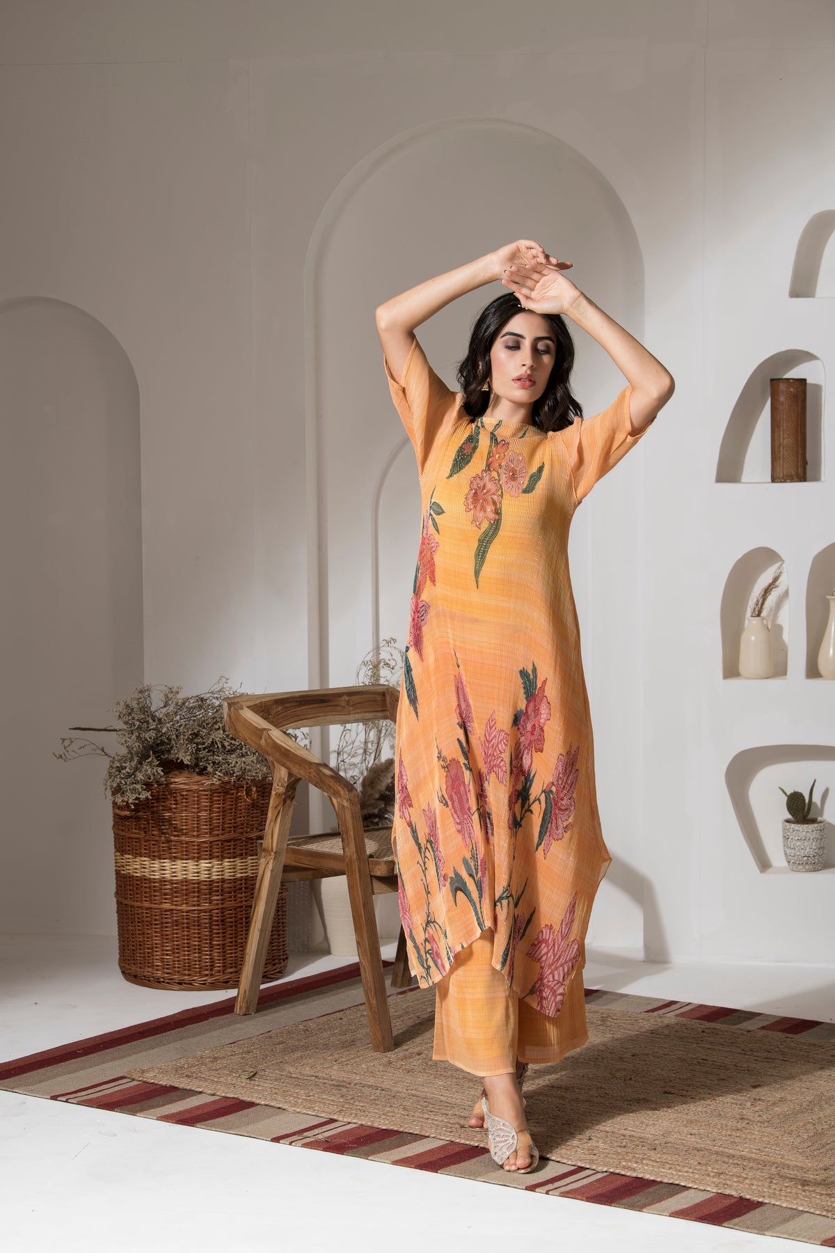 GOLDEN YELLOW FLOWER PRINT PLEATED KURTA SET