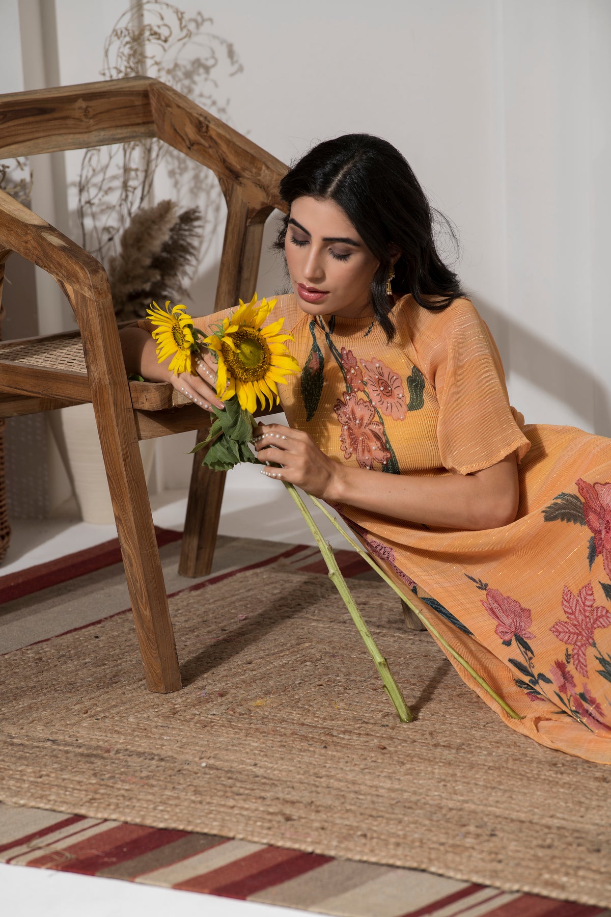 GOLDEN YELLOW FLOWER PRINT PLEATED KURTA SET