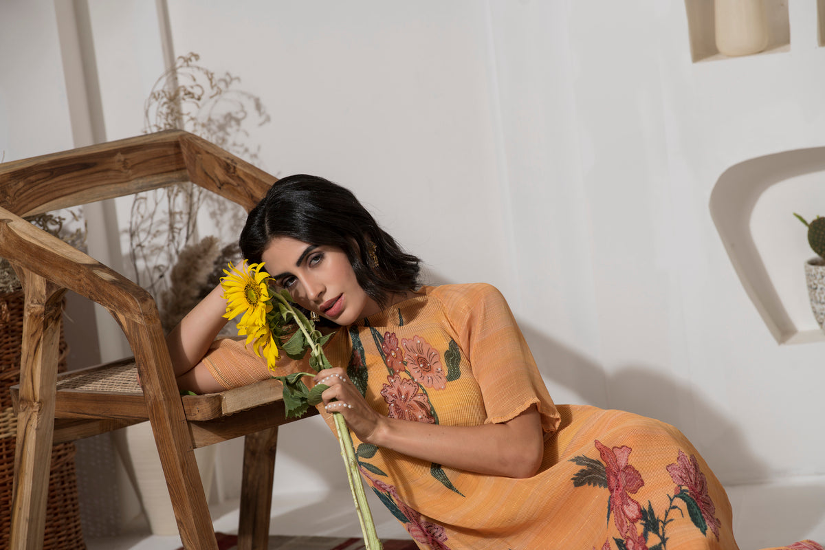 GOLDEN YELLOW FLOWER PRINT PLEATED KURTA SET