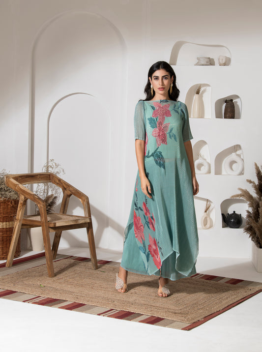 DUSTY JADE GREEN FLOWER PRINT KURTA SET