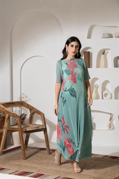 DUSTY JADE GREEN FLOWER PRINT KURTA SET