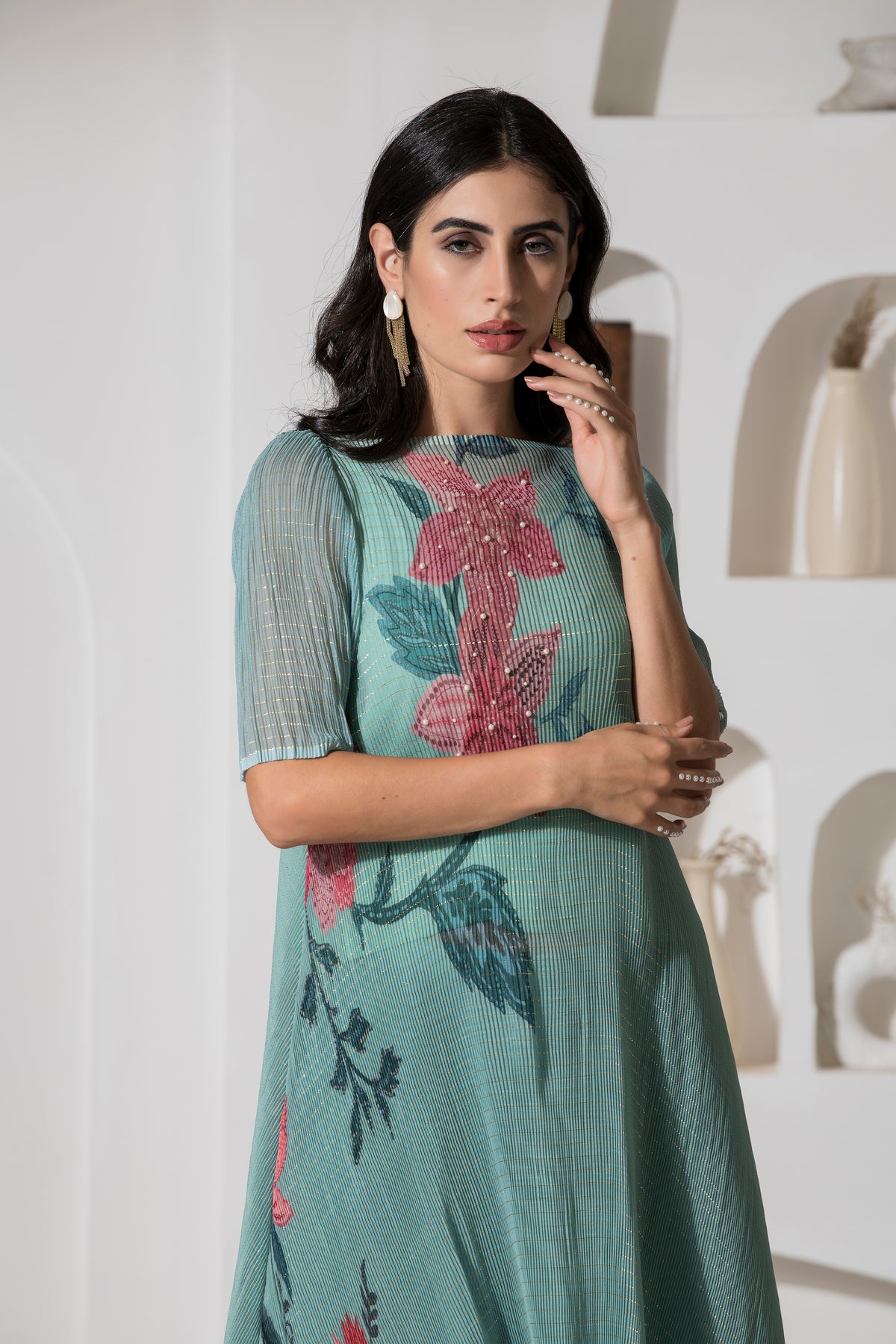 DUSTY JADE GREEN FLOWER PRINT KURTA SET