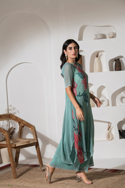 DUSTY JADE GREEN FLOWER PRINT KURTA SET