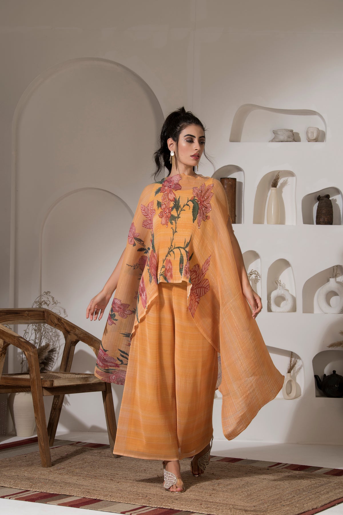 GOLDEN YELLOW FLOWER KAFTAN WITH PANT SET