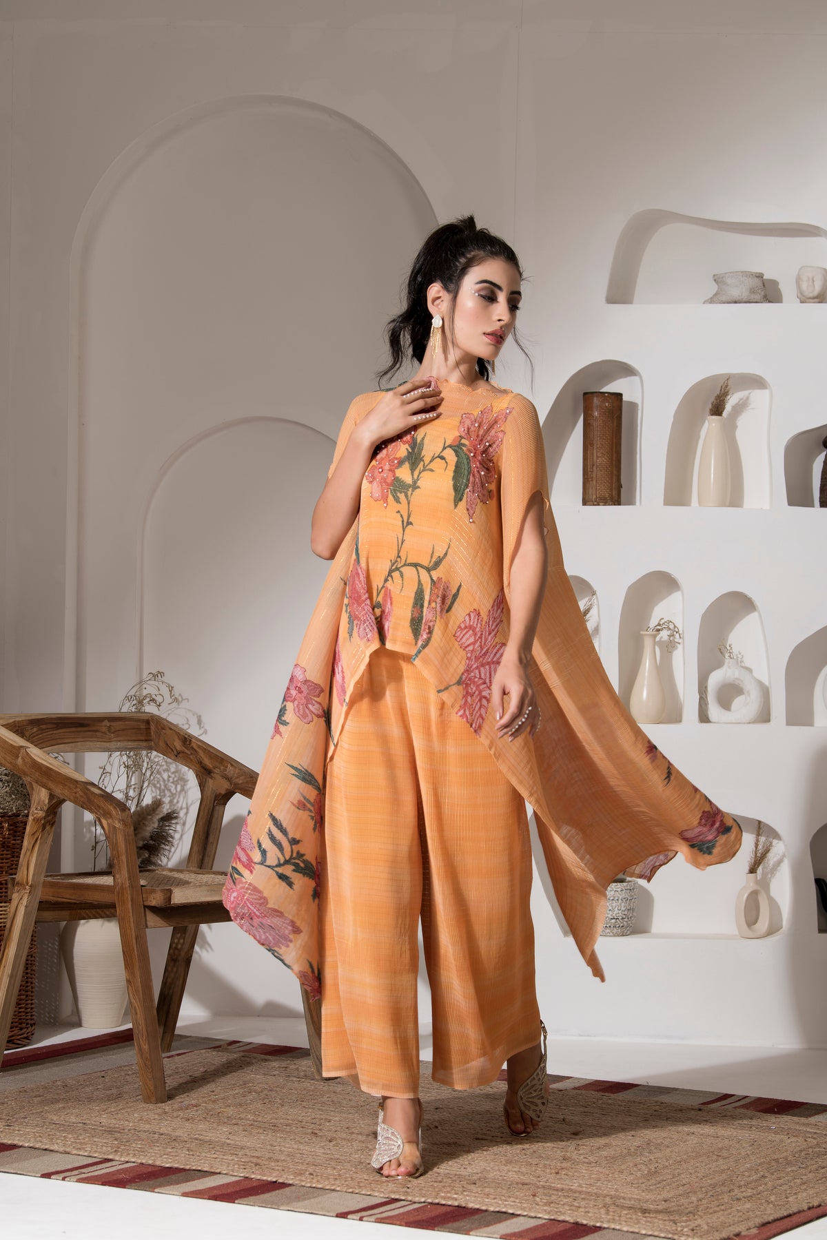 GOLDEN YELLOW FLOWER KAFTAN WITH PANT SET