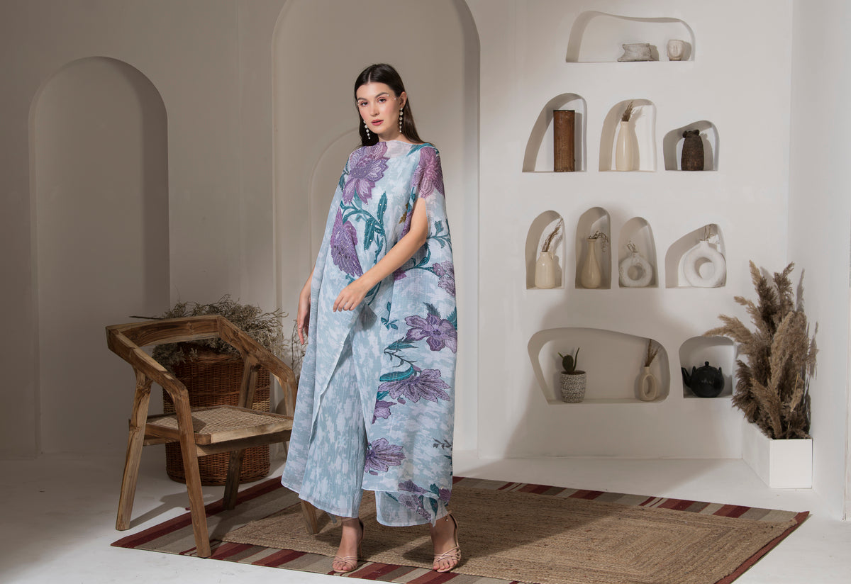 MOON LIGHT BLUE FLOWER PRINT KAFTAN & PANT SET