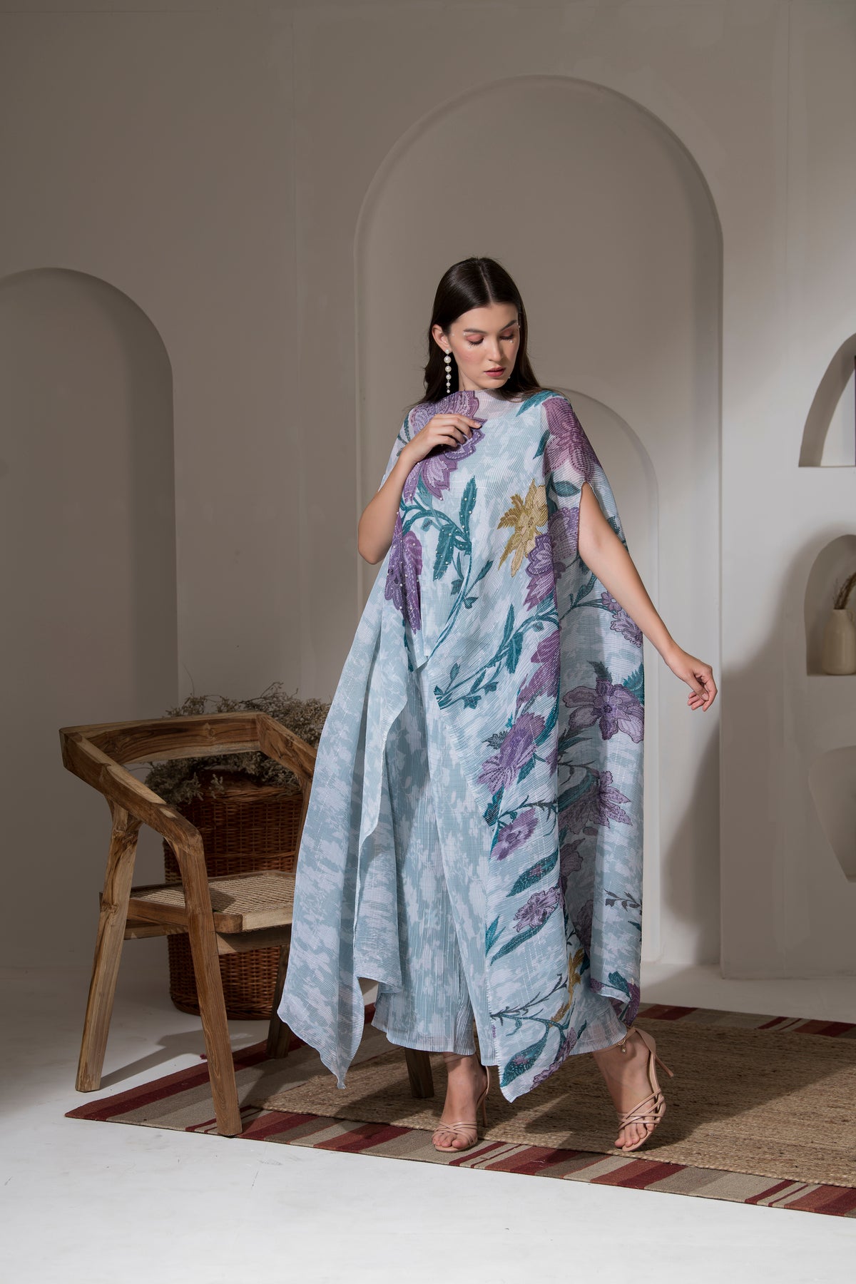 MOON LIGHT BLUE FLOWER PRINT KAFTAN & PANT SET