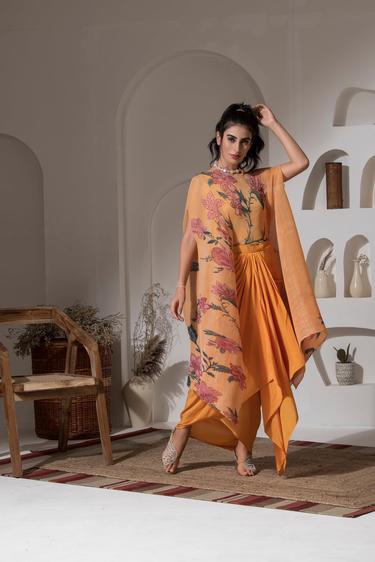 GOLDEN YELLOW FLOWER KAFTAN WITH DHOTI SET