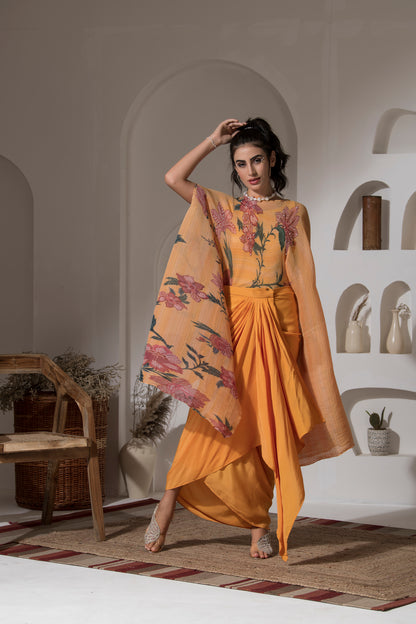 GOLDEN YELLOW FLOWER KAFTAN WITH DHOTI SET