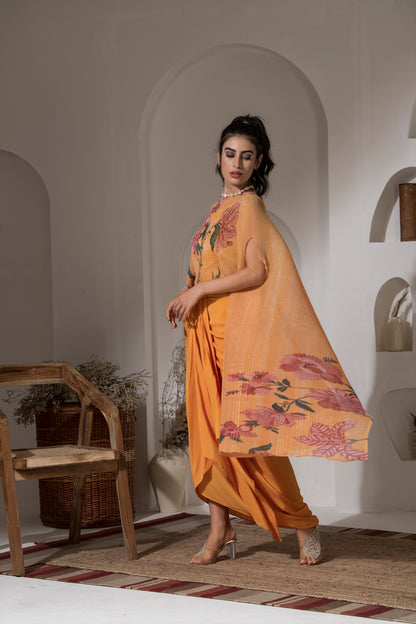 GOLDEN YELLOW FLOWER KAFTAN WITH DHOTI SET