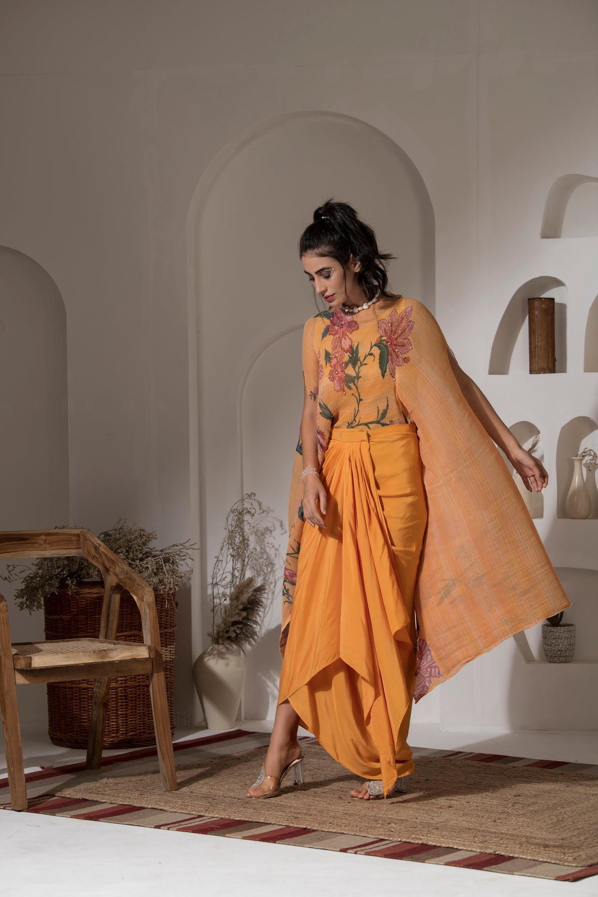 GOLDEN YELLOW FLOWER KAFTAN WITH DHOTI SET