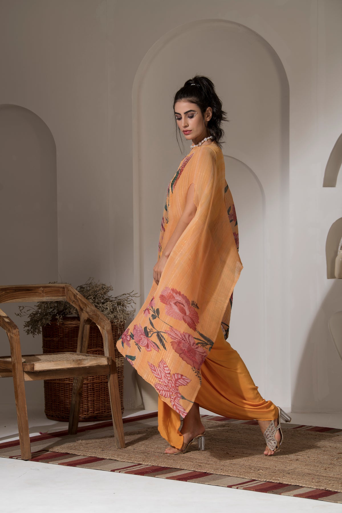 GOLDEN YELLOW FLOWER KAFTAN WITH DHOTI SET