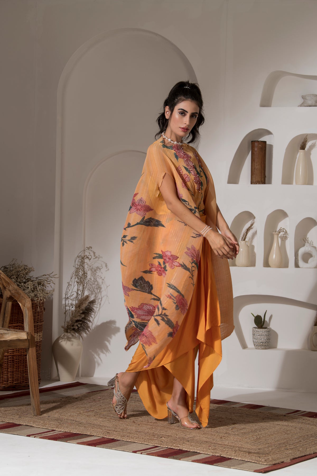 GOLDEN YELLOW FLOWER KAFTAN WITH DHOTI SET