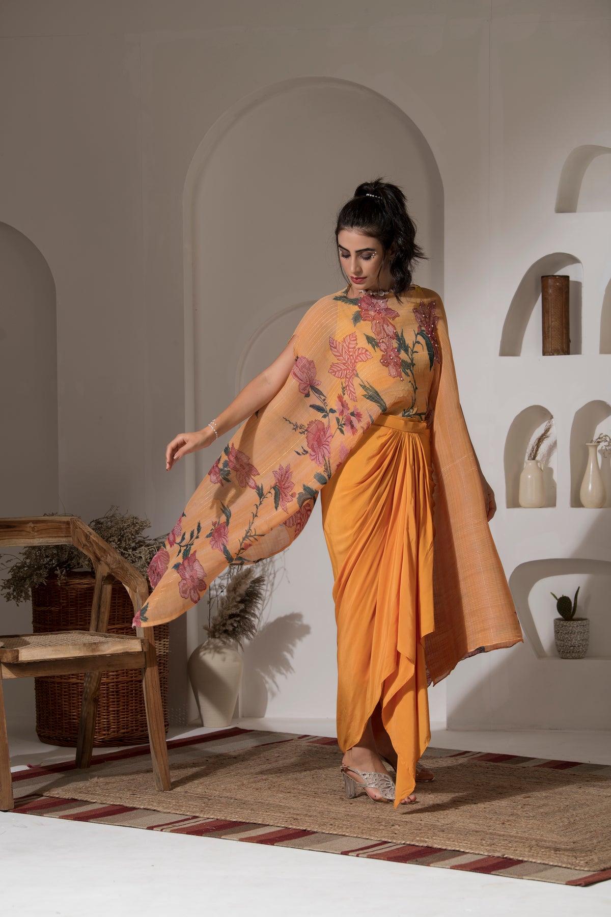 GOLDEN YELLOW FLOWER KAFTAN WITH DHOTI SET