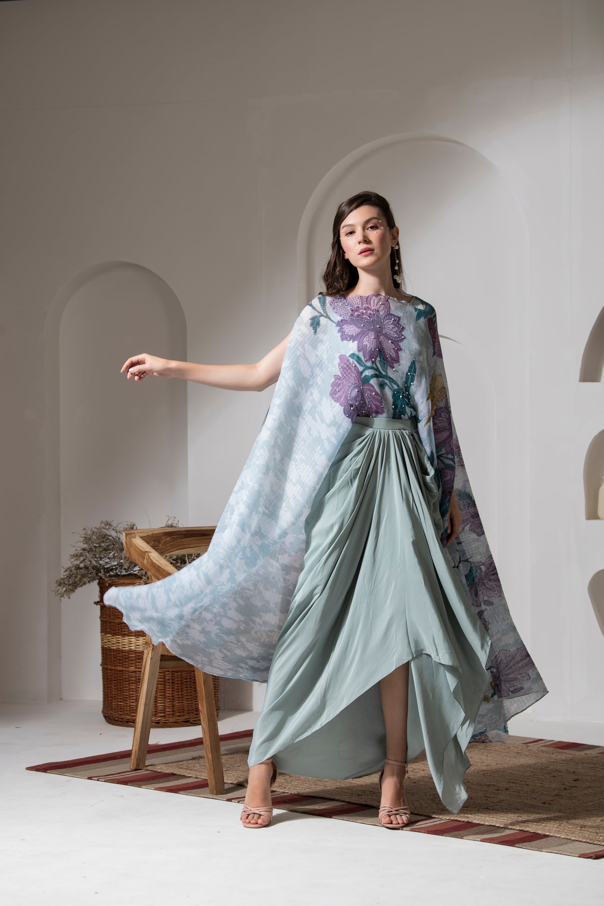 MOON LIGHT BLUE FLOWER PRINT KAFTAN & DHOTI SET