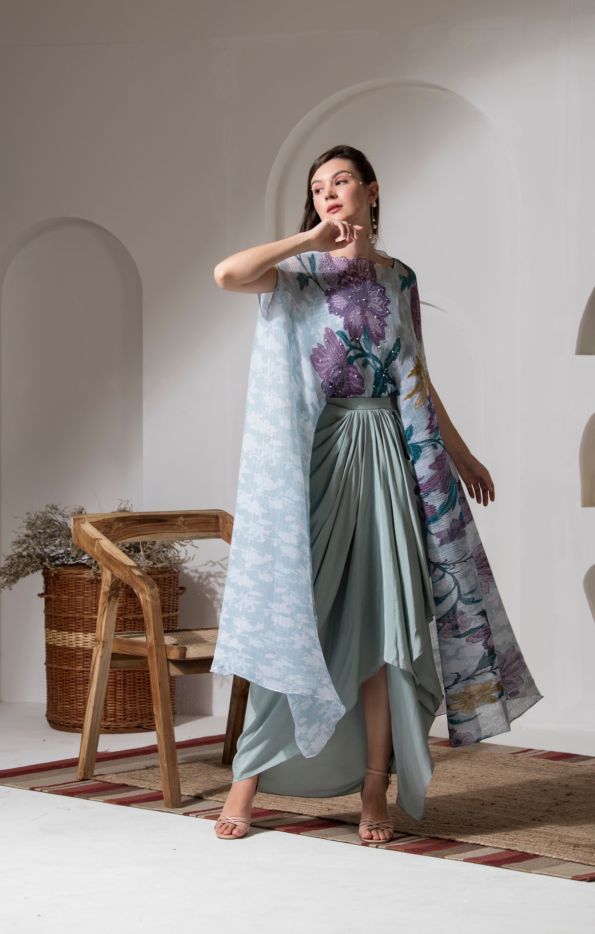 MOON LIGHT BLUE FLOWER PRINT KAFTAN & DHOTI SET