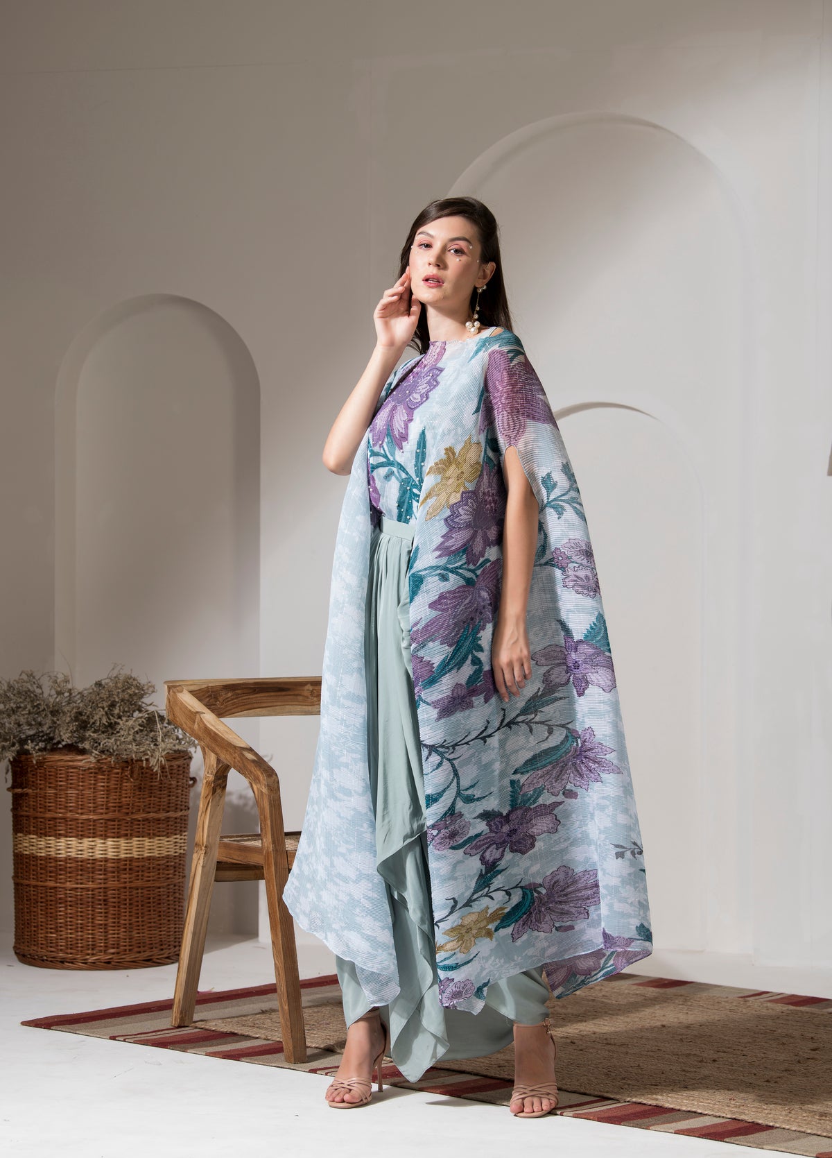 MOON LIGHT BLUE FLOWER PRINT KAFTAN & DHOTI SET